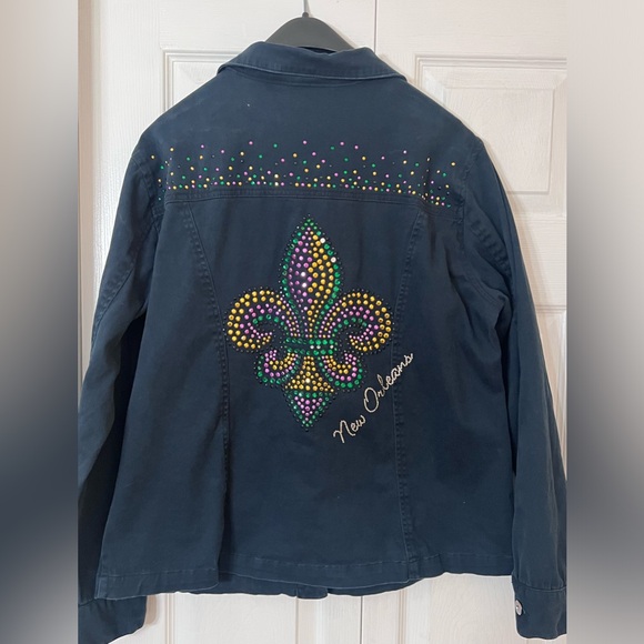 Womens Embellished fleur de lis New Orleans jean jacket Size L - Picture 5 of 7